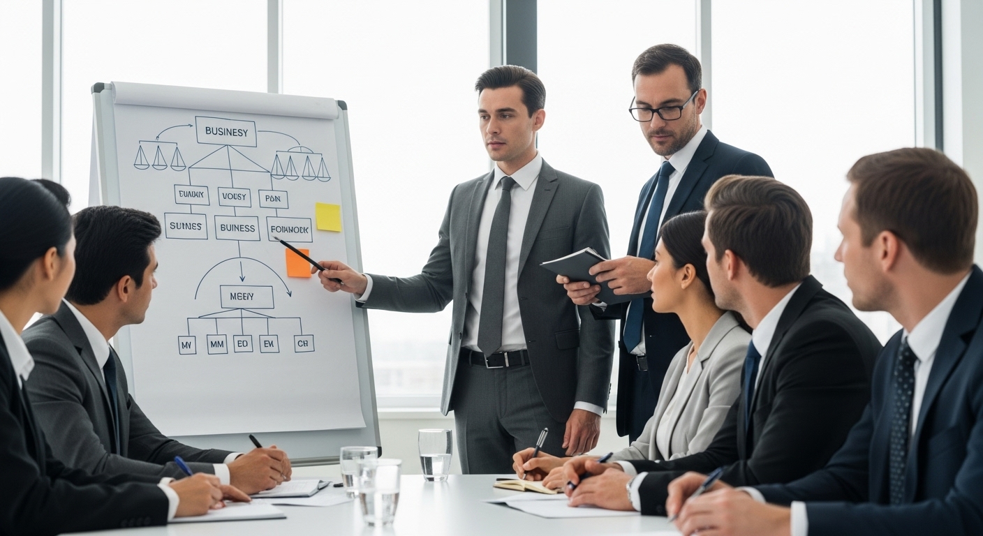A diverse group of business professionals, including expats, engaged in a formal meeting in a modern UK office. One person is pointing at a whiteboard with diagrams of business structures and legal frameworks, while others are actively listening and taking notes. The setting is bright and professional, conveying a sense of collaboration and strategic planning. The image should be photorealistic with high detail.