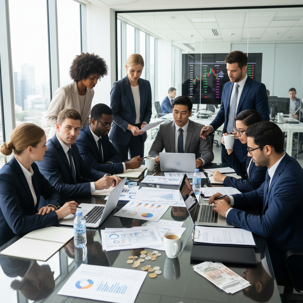 A diverse group of business professionals from various backgrounds, including an expat, reviewing financial documents and a detailed business plan around a modern conference table in a bright, professional office setting. There are laptops, charts, and UK currency on the table, emphasizing financial and legal aspects of business acquisition.