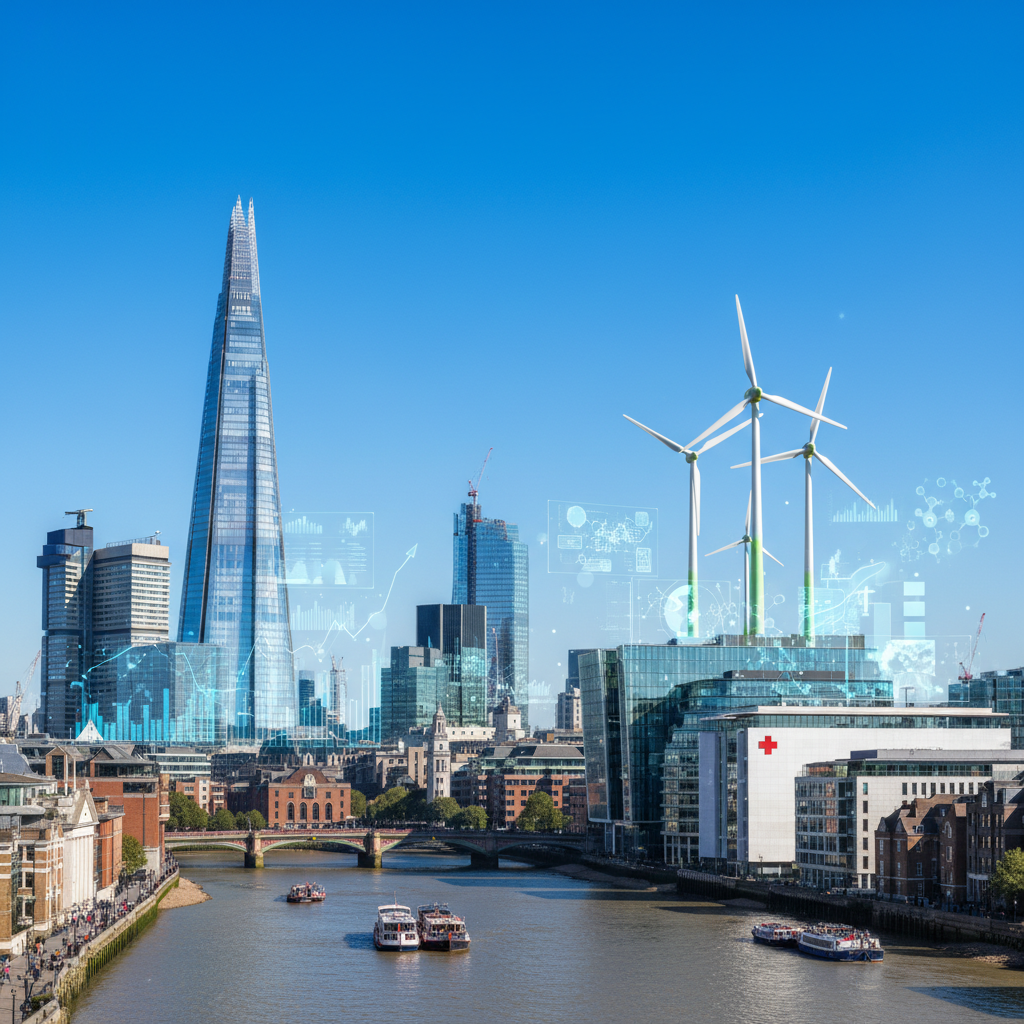 A vibrant, panoramic view of London's financial district with iconic buildings like The Shard and Gherkin, juxtaposed with diverse modern industries represented by subtle digital overlays of data analytics, green energy windmills, and medical research facilities, all under a clear blue sky, symbolizing a dynamic and innovative investment landscape. The scene should be photorealistic and professionally composed.