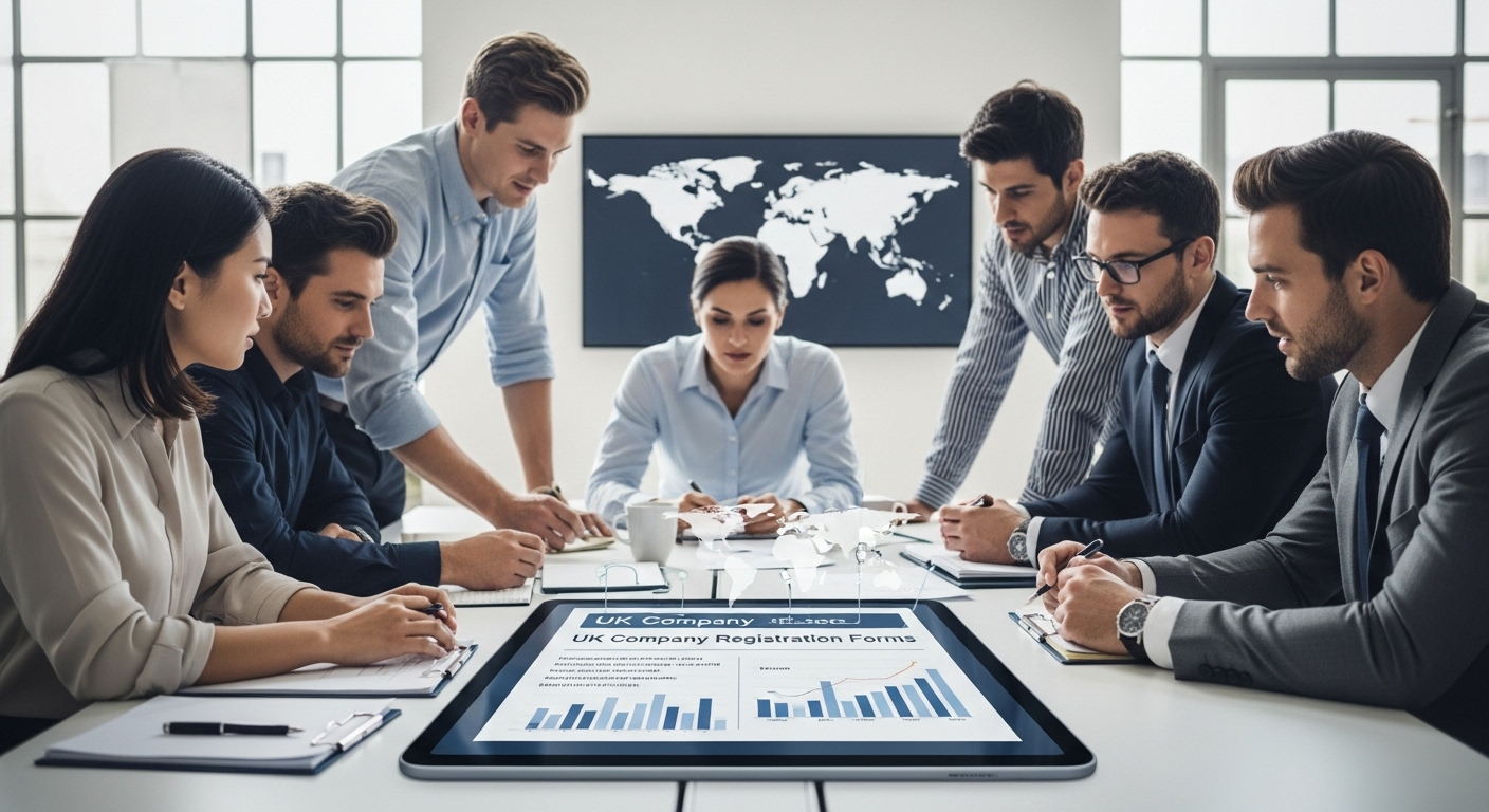 A professional, photorealistic image depicting a diverse group of international business professionals in a modern, light-filled office setting. They are gathered around a sleek, collaborative table, intently reviewing digital documents displayed on a large tablet, which shows UK company registration forms and a subtle graph representing global market reach. A world map is subtly visible on a screen in the background, reinforcing the international aspect. The individuals are dressed in business casual attire, engaged in discussion and problem-solving, with a focused and determined expression.