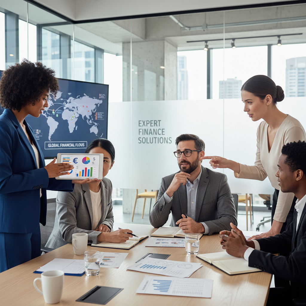 A professional, diverse group of business people in a modern office setting, looking at financial reports on a tablet and discussing strategy with a focus on international business and finance. The scene is bright and collaborative, representing expert financial consultation for global operations.