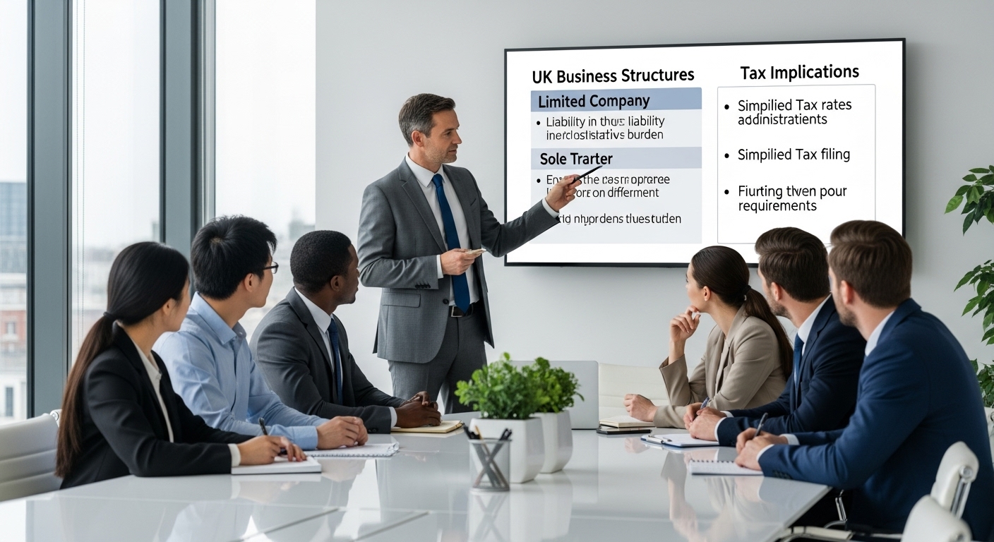 A detailed, photorealistic image showing a diverse group of expat business owners, professionally dressed, engaged in a discussion with a UK tax advisor in a modern, well-lit office. The advisor is pointing to a digital display showing a simplified chart outlining different business structures like 'Limited Company' and 'Sole Trader' with their corresponding tax implications in the UK.