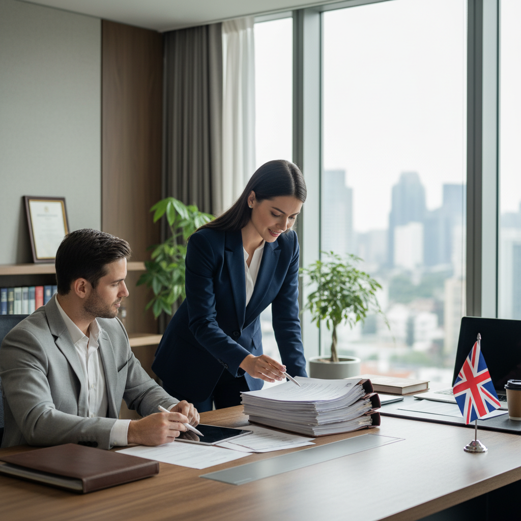 A detailed, photorealistic image of a legal professional guiding an expat business owner through company formation documents, with a British flag subtly displayed on a desk in a modern, well-appointed office.