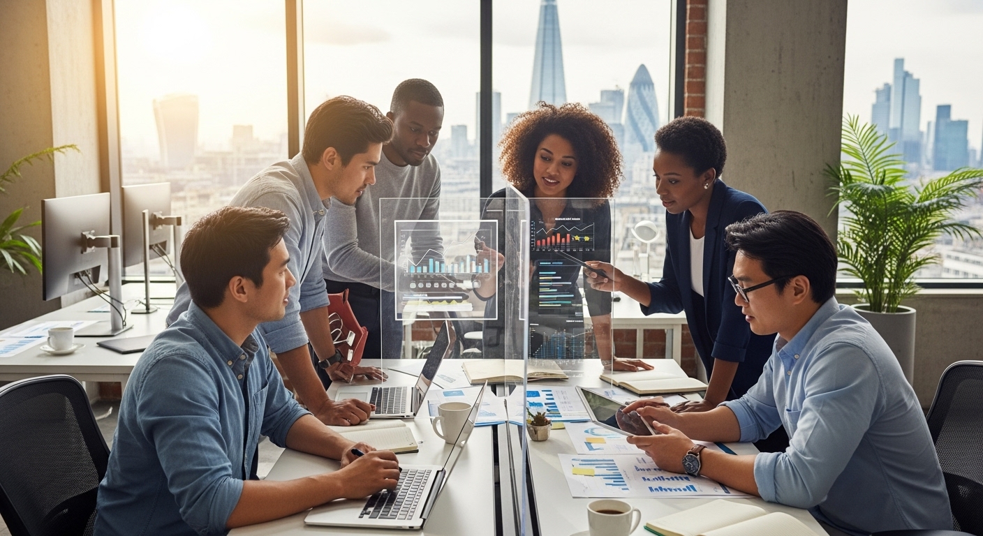 A diverse group of expat entrepreneurs in a modern, sunlit co-working space in London, enthusiastically discussing a business plan projected onto a large screen. One person points to a complex financial chart, while another takes notes. The atmosphere is collaborative and innovative, with visible elements of cutting-edge technology and urban skylines through large windows. Photorealistic, high-resolution.
