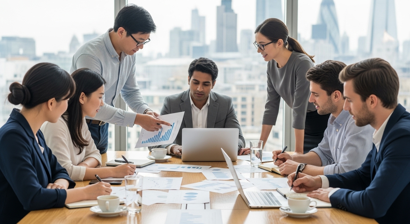 A diverse group of expat entrepreneurs collaboratively discussing business plans around a modern conference table, with laptops and documents, in a bright, contemporary office setting in London. The atmosphere is professional and focused.