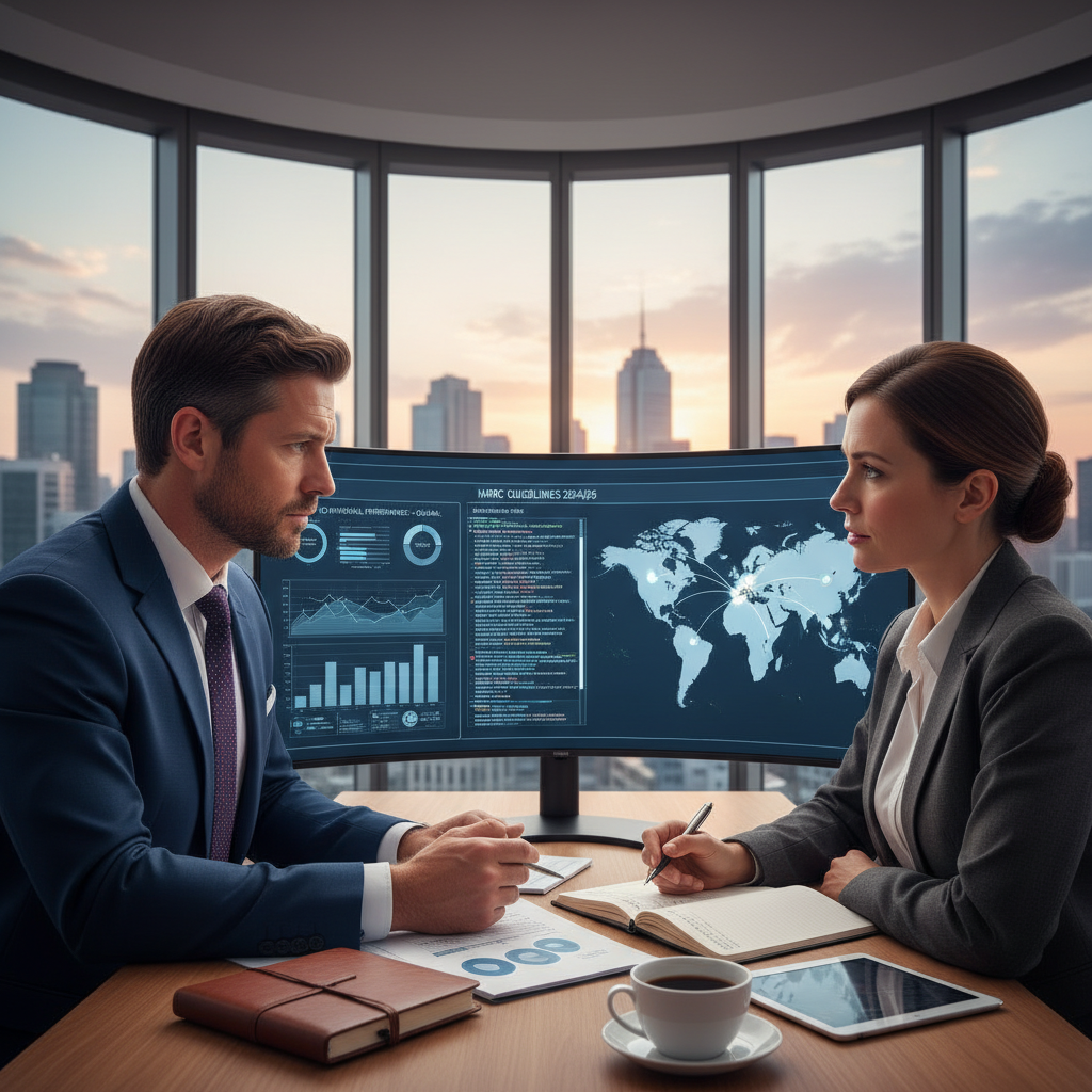 A detailed, photorealistic image depicting a UK expat business owner in a modern, well-lit office, thoughtfully examining a digital screen displaying complex financial reports, tax codes, and a world map with interconnected business locations. The individual, dressed in professional attire, is consulting with a tax advisor, both looking at the screen with focused expressions. A cup of coffee and a notebook are on the desk, indicating a serious planning session.